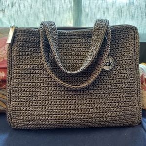 the sak hand crochet small handbag in taupe.